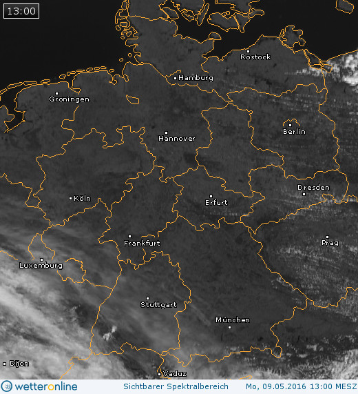 Bewölkung über Mitteleuropa am 09.05.2016 um 13:00 MESZ