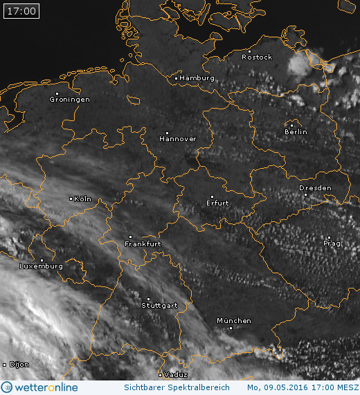 Bewölkung über Mitteleuropa am 09.05.2016 um 17:00 MESZ