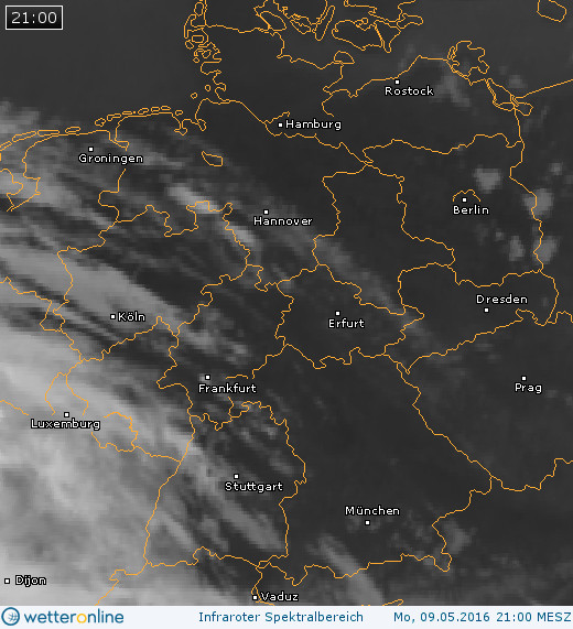 Bewölkung über Mitteleuropa am 09.05.2016 um 21:00 MESZ